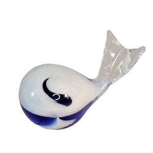 Blown Glass Blue White Decoration Collectible Wale Figurine Vintage Sculpture